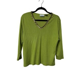 Y2K Patchington Silk Cotton Ribbed Knit Beaded V-Neck Top Lime Green Large